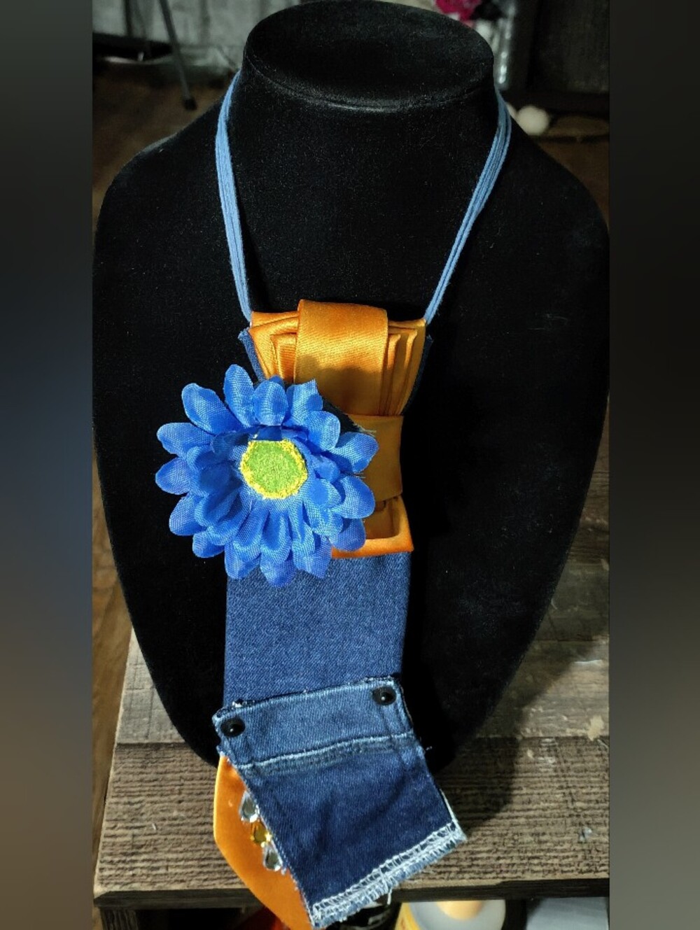 Denim Floral Statement Necktie Necklace - Blue & Gold - Picture 3 of 3